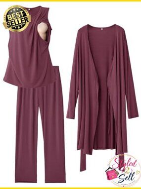 3 PC Nursing Pajamas Maternity Postpartum Set Tank Pants Nightgown Hospital